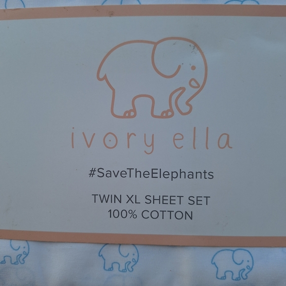 NEW Ivory Ella Twin XL Bed Sheets Save the Elephants Blue Print 100% Cotton RARE - Picture 2 of 6